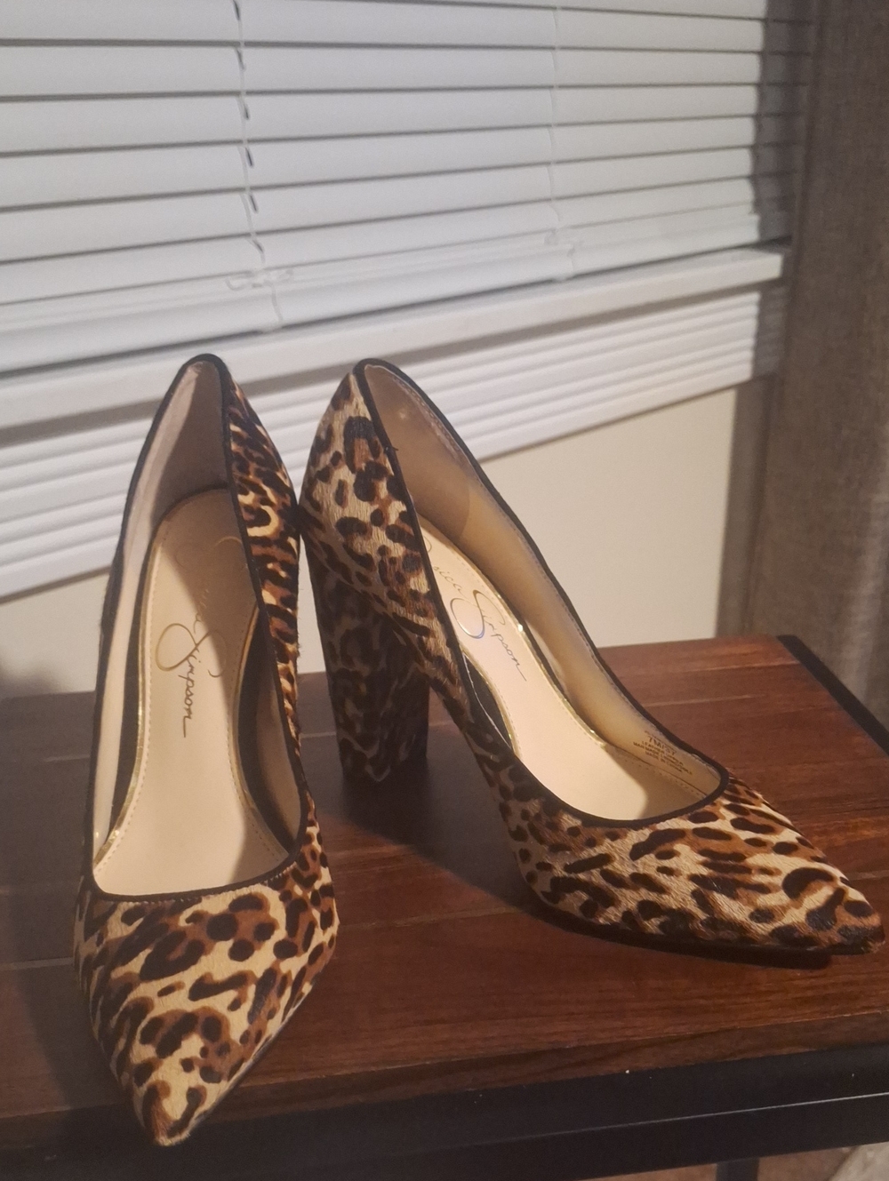 Jessica Simpson Leopard Print Pointed Toe Block Heel Pumps - Brown/Tan